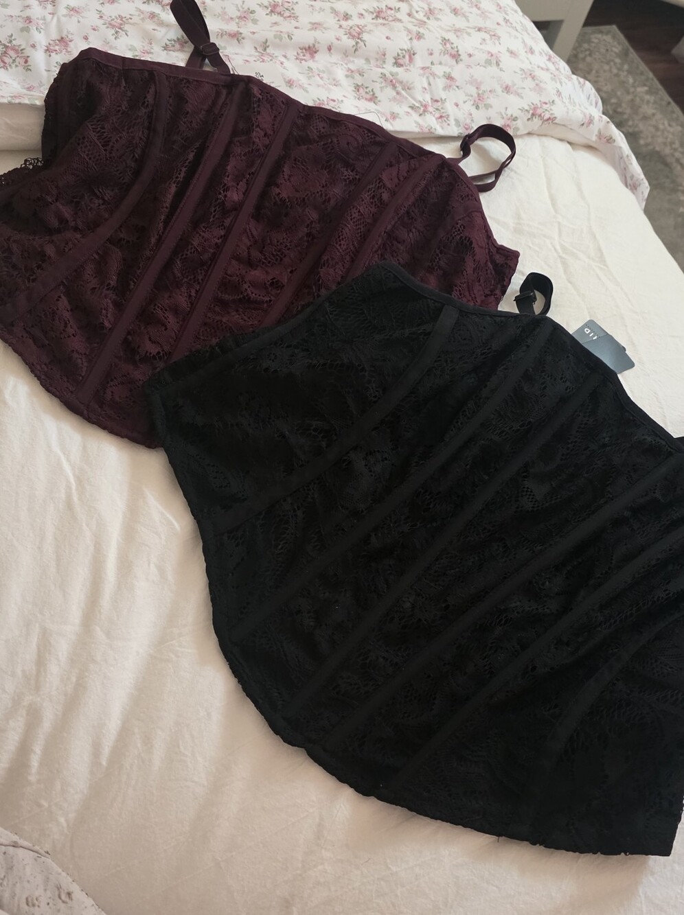 Set Of 2 NWT TORRID Lace Corset Smocked Crop Cami Tops - Black And Wine